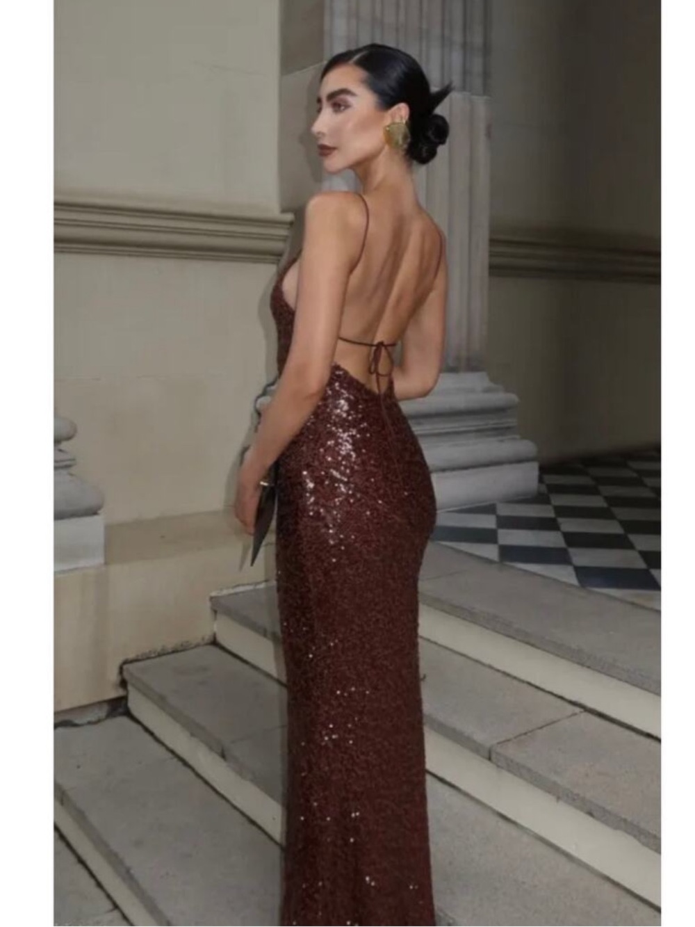 Sequin Slip Evening Dress in Deep Brown - Picture 5 of 5